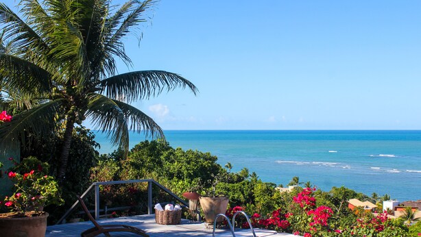 A pool area with a view of the ocean, surrounded by lush greenery and potted plants. - Maitei Hotel (Porto Seguro)