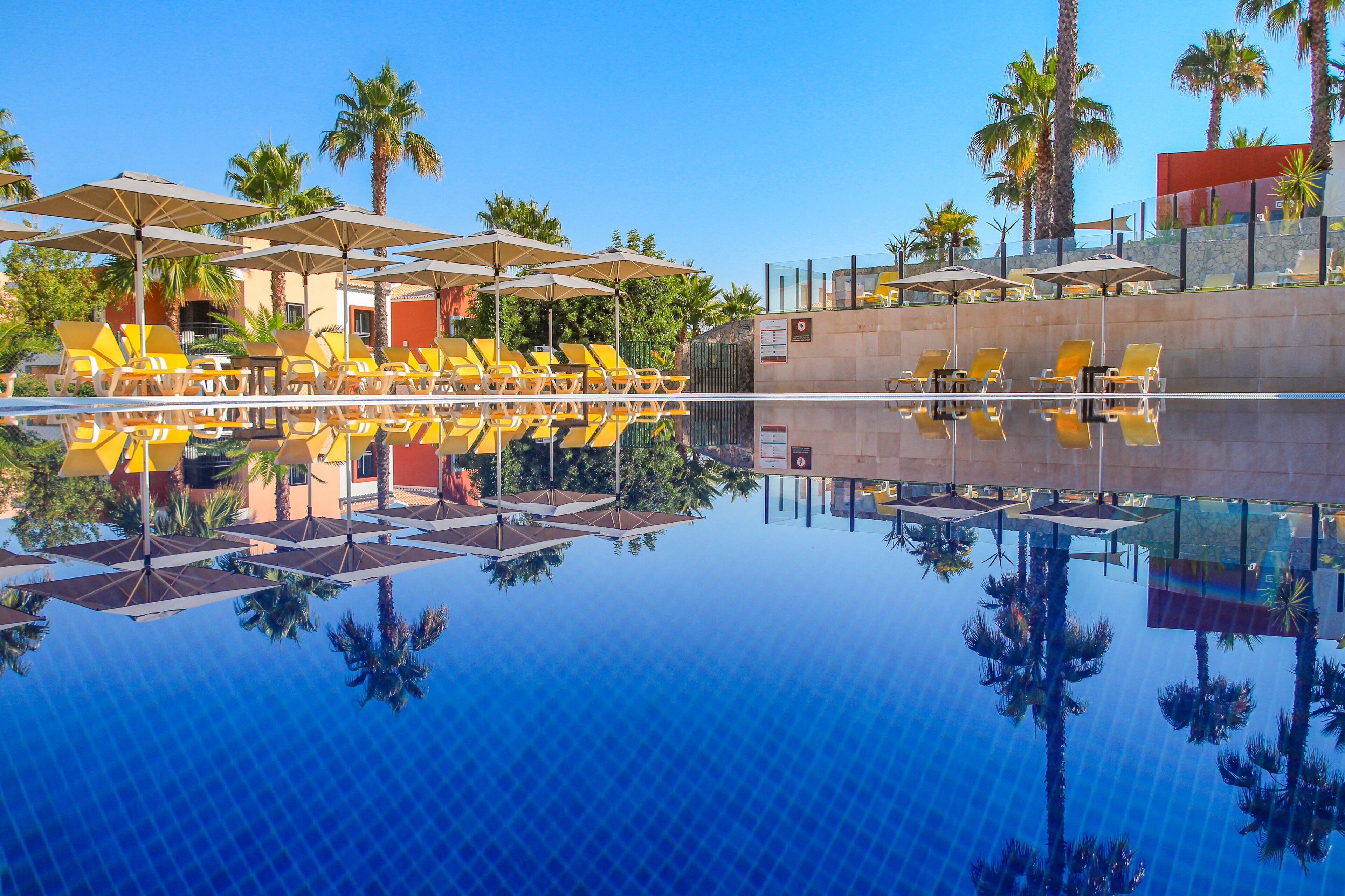 A pool area with yellow lounge chairs and umbrellas, surrounded by palm trees and a clear blue sky.