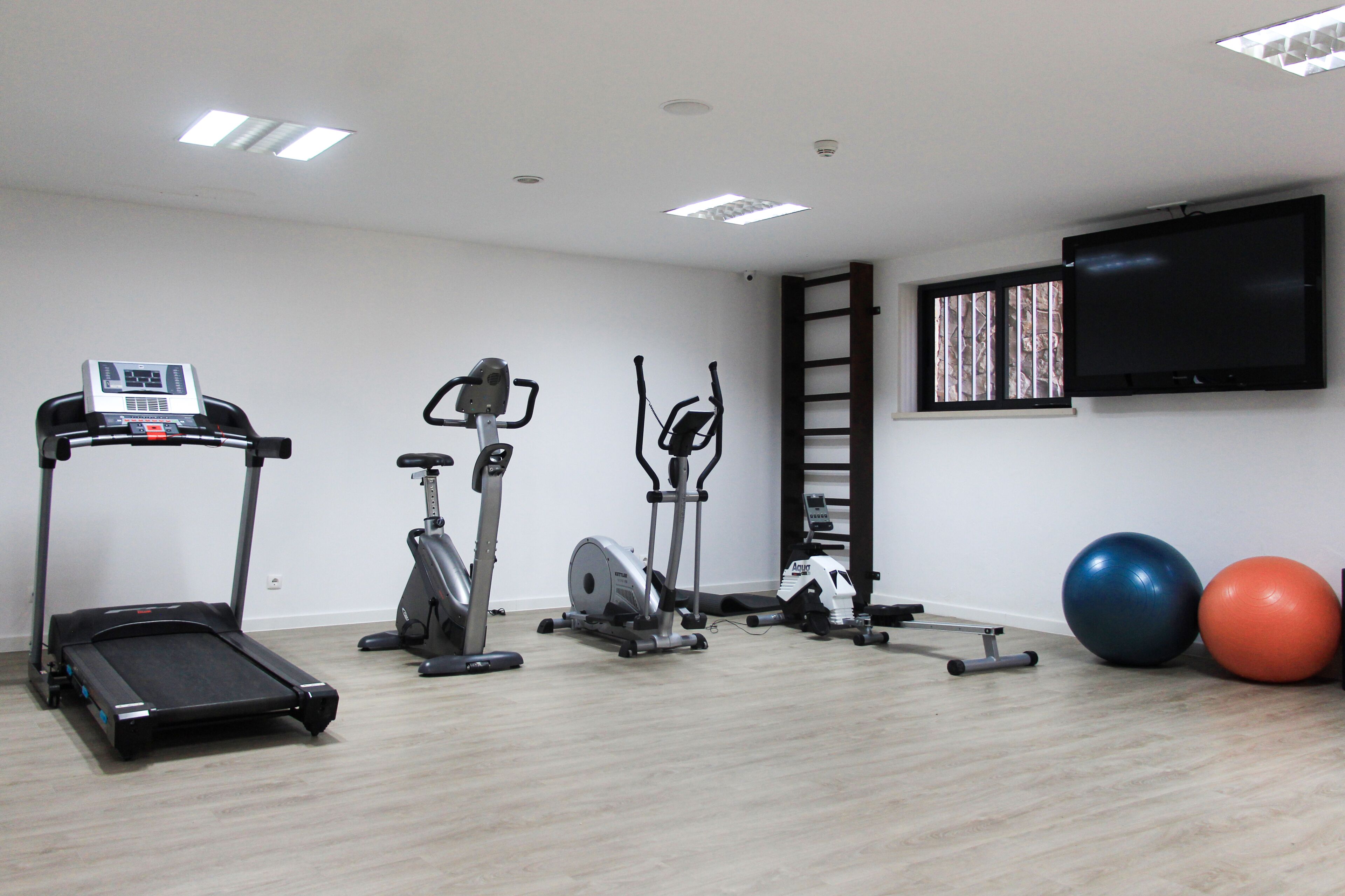 A gym with various exercise equipment including treadmills, stationary bikes, and exercise balls.