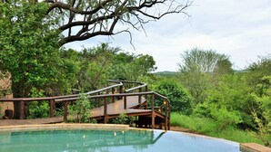 Una terraza de madera con piscina, rodeada de exuberante vegetación y árboles.