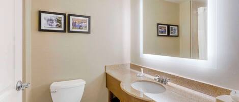 A bathroom with a toilet, sink, and mirror. There are two framed pictures on the wall.