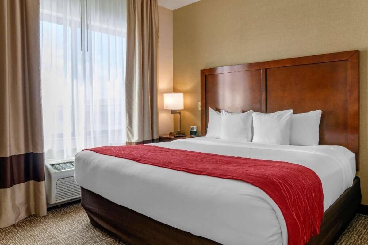 A hotel room with a large bed, a nightstand, a lamp, and a window with curtains.