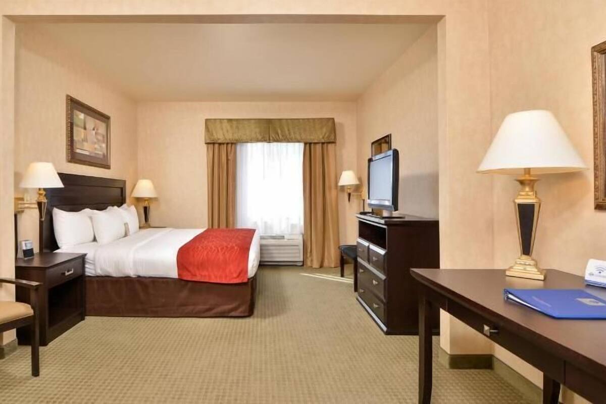 A hotel room with a bed, a desk, a chair, a television, and a desk lamp.