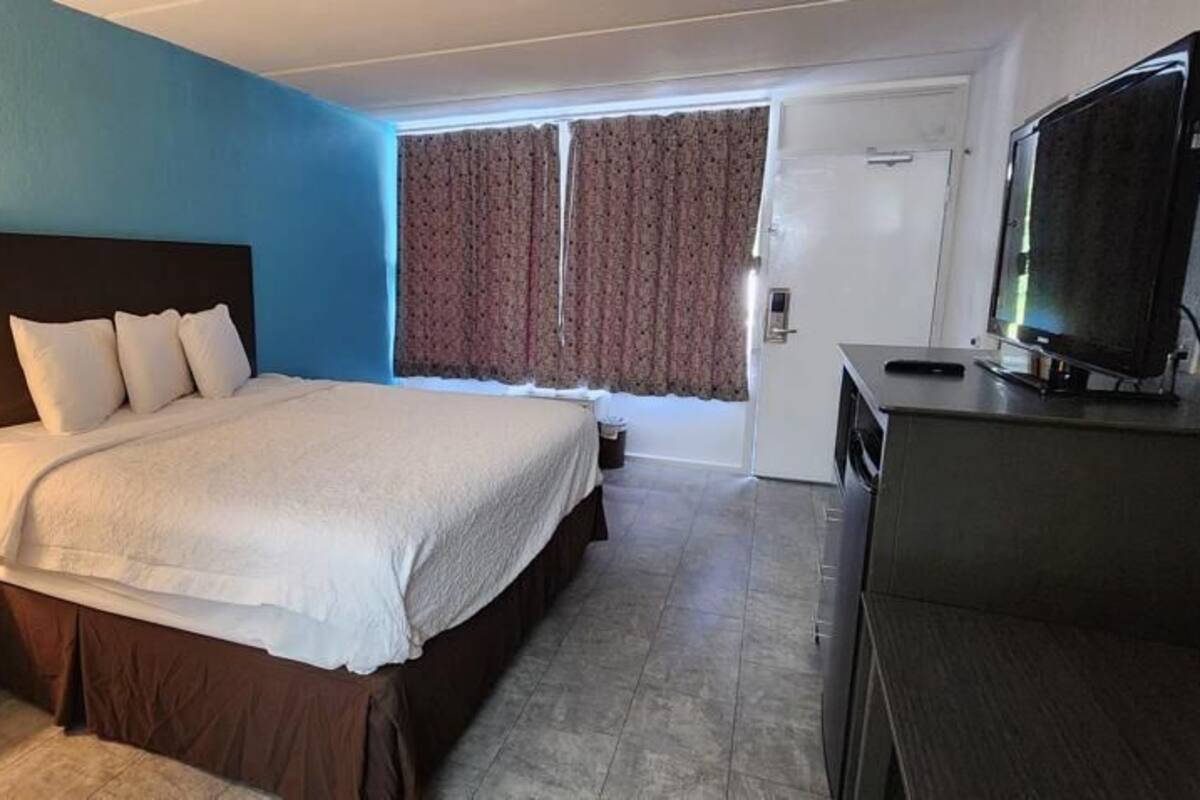 Une chambre d’hôtel équipée d’un lit, d’une télévision, d’un bureau avec une lampe et d’un téléphone.
