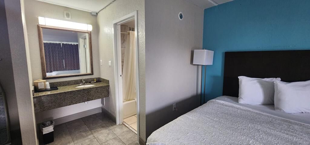 Une chambre d’hôtel avec un lit, une table de chevet, un miroir, un lavabo et une douche.