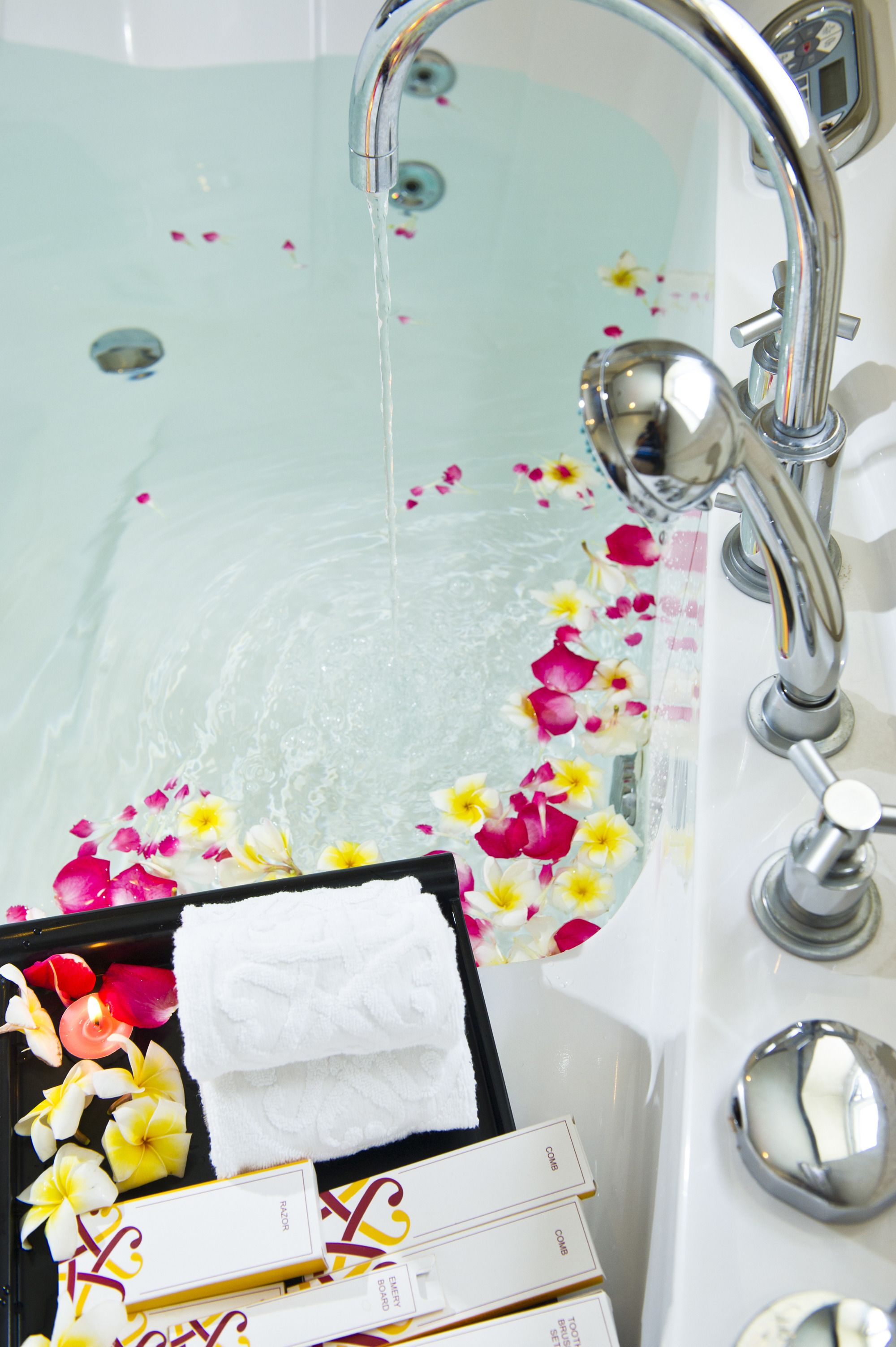 combined shower/bathtub, designer toiletries, hair dryer, bathrobes