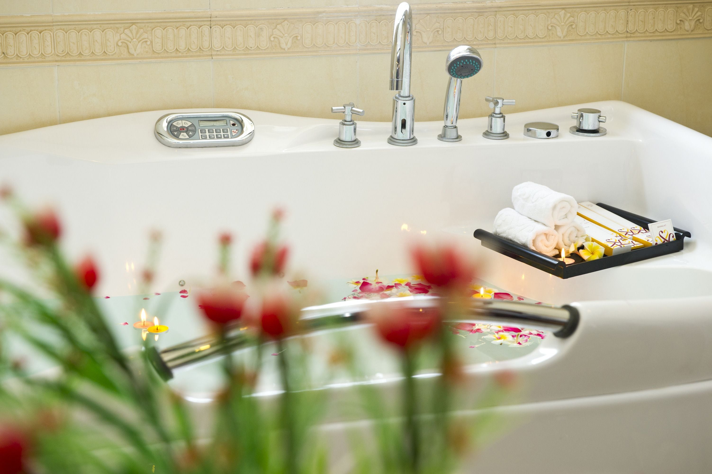 combined shower/bathtub, designer toiletries, hair dryer, bathrobes