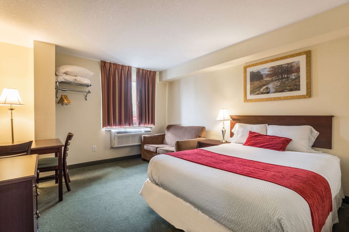 Une chambre d’hôtel avec un grand lit, un bureau, une chaise, une fenêtre avec des rideaux et un tableau au mur.