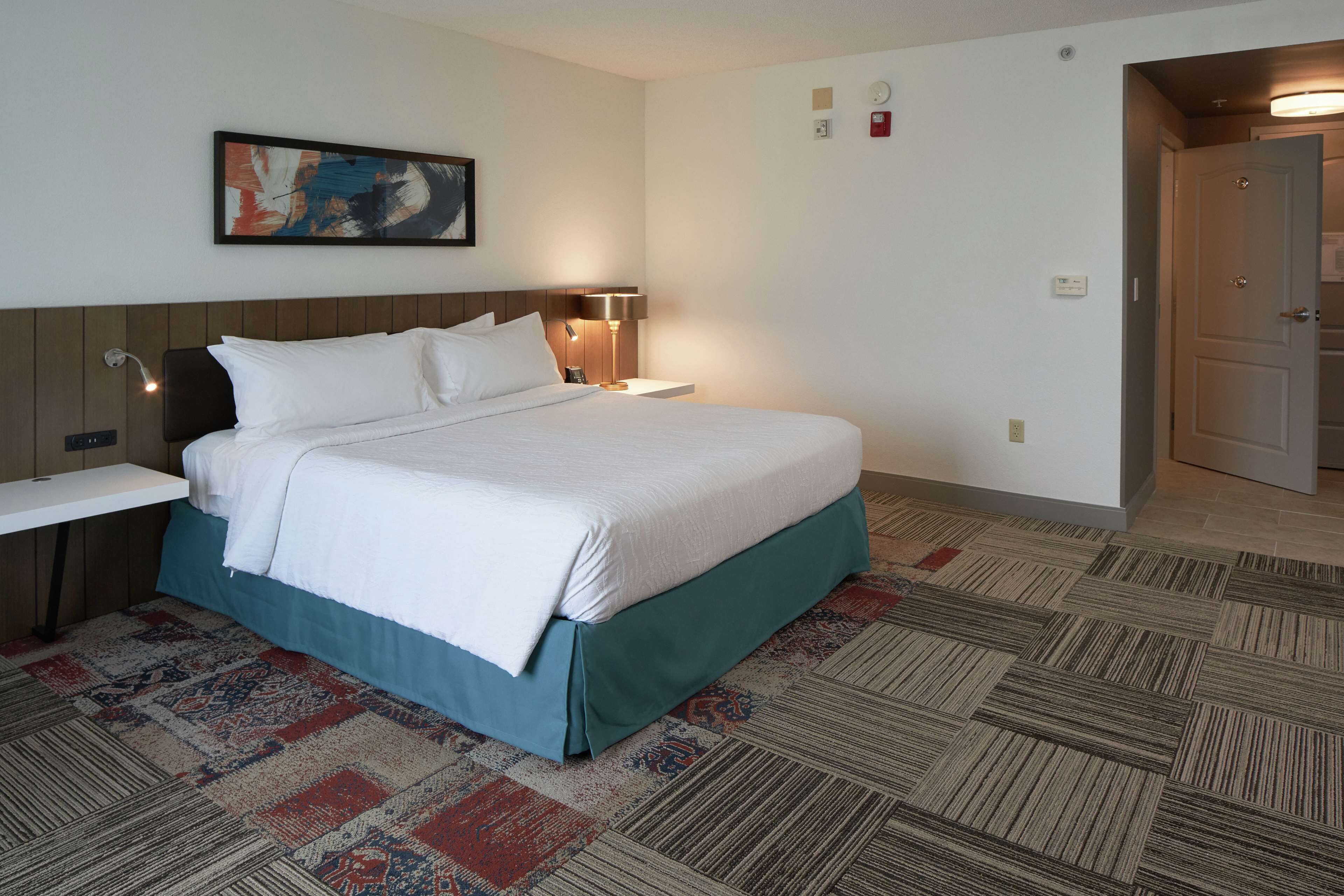 A hotel room with a large bed, a bedside table, a lamp, a painting on the wall, and a patterned carpet.