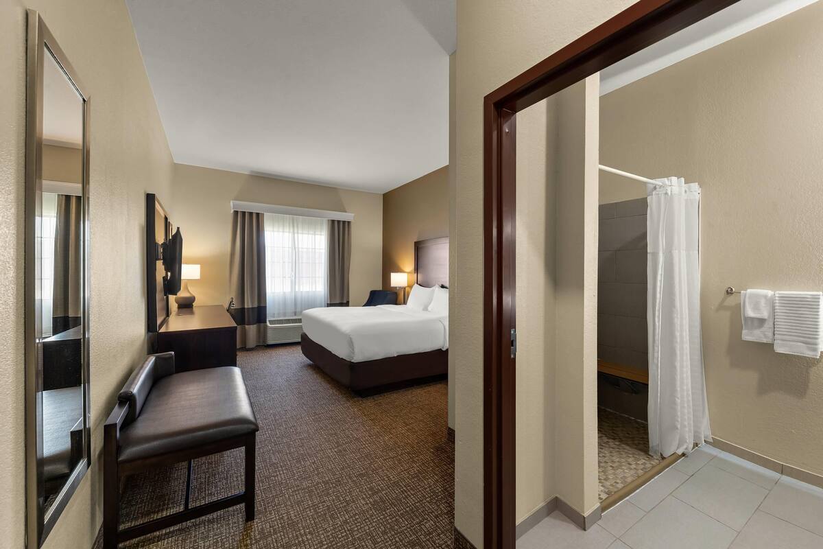 A hotel room with a bed, a desk, a chair, a mirror, a bathroom with a shower curtain, and a towel rack.