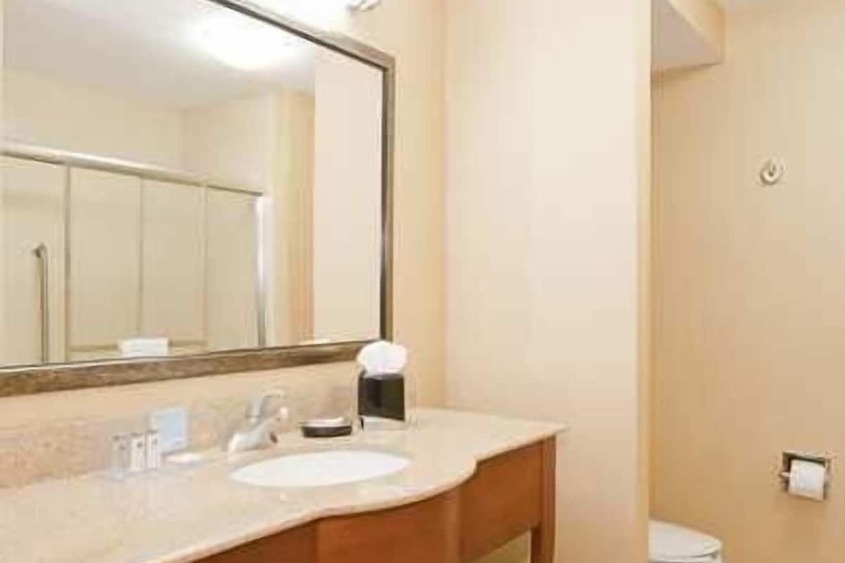 designer toiletries, hair dryer, towels