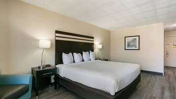 A hotel room with a large bed, two bedside tables with lamps, a chair, and a framed picture on the wall.