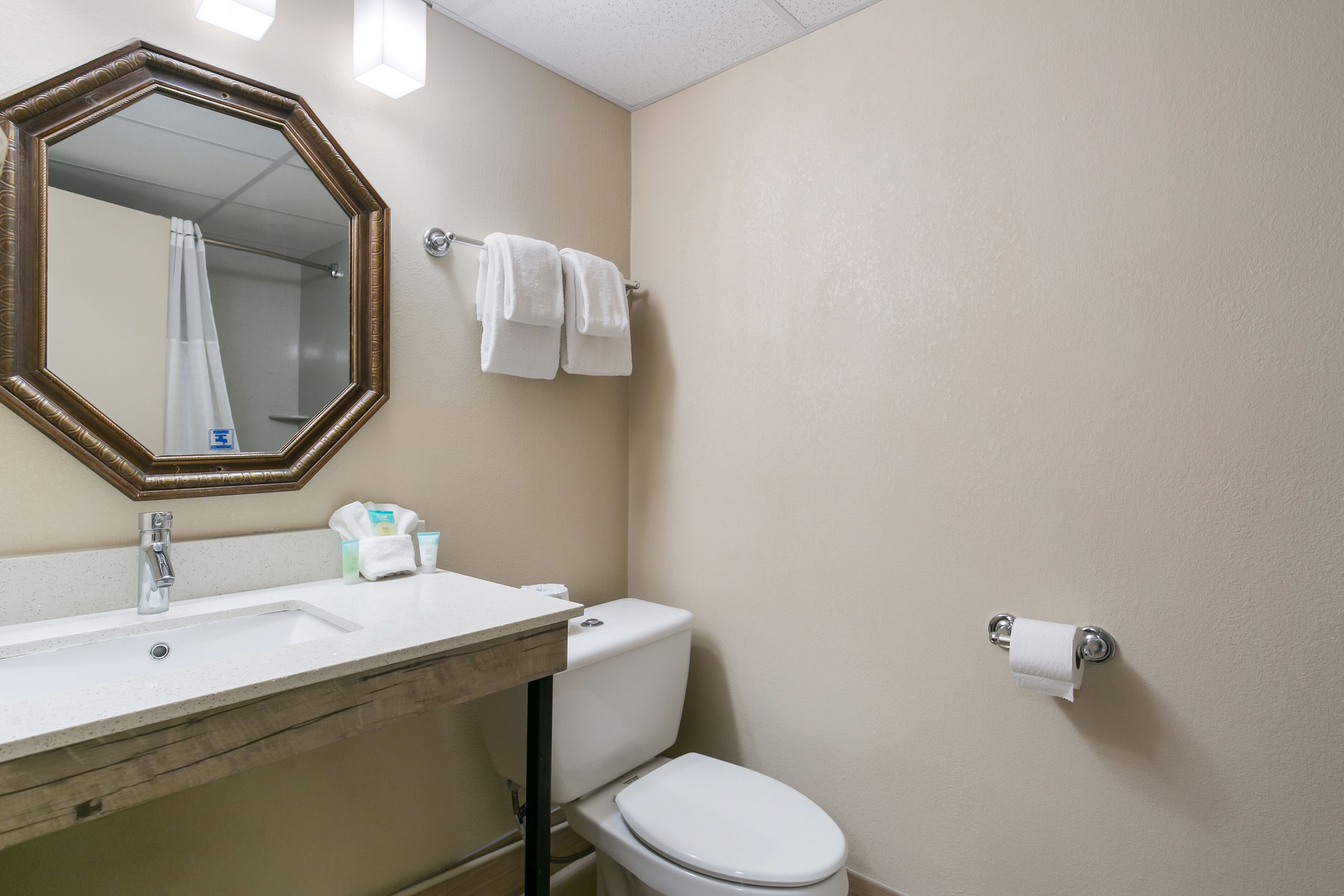 A bathroom with a sink, mirror, toilet, and towel rack.