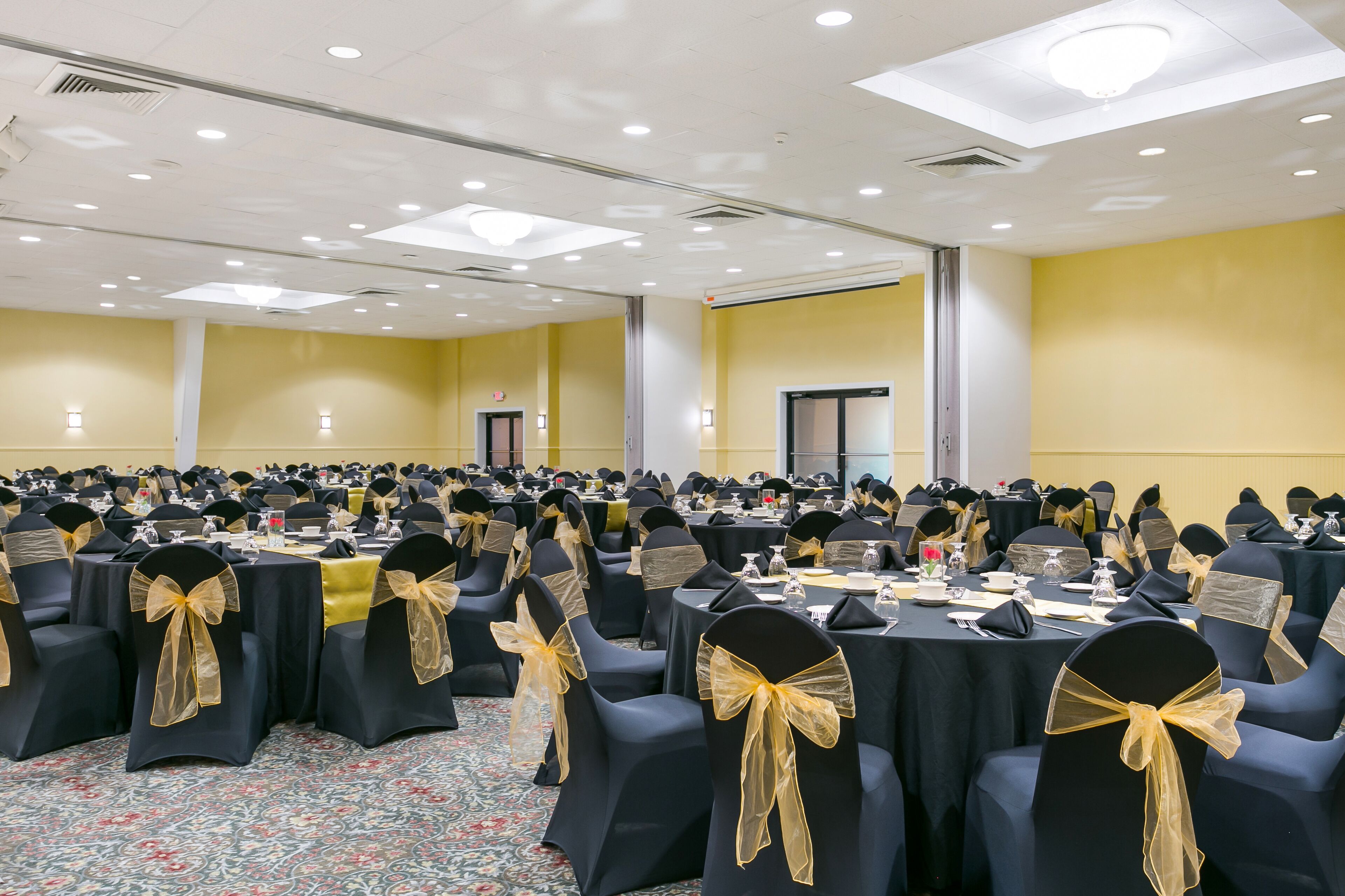 A conference room with rows of tables and chairs, each with a black cover and gold sashes.