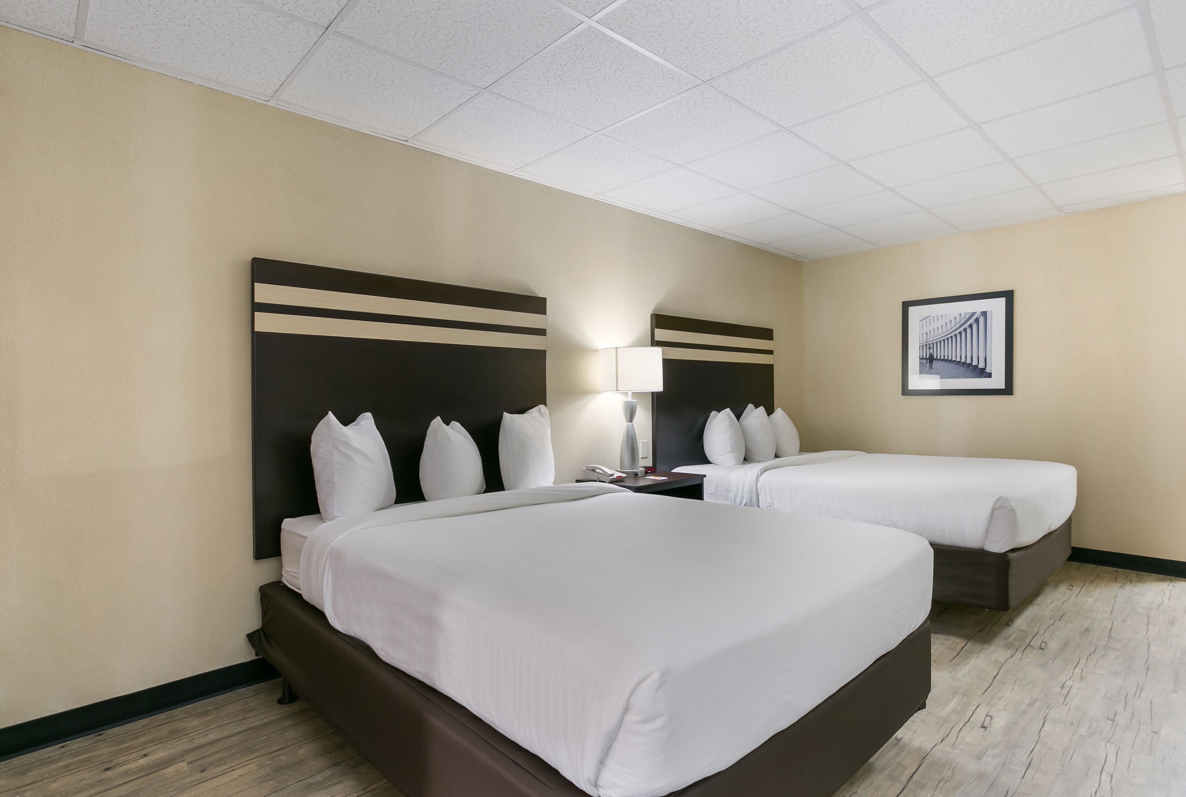 A hotel room with two beds, a nightstand, a lamp, and a framed picture on the wall.