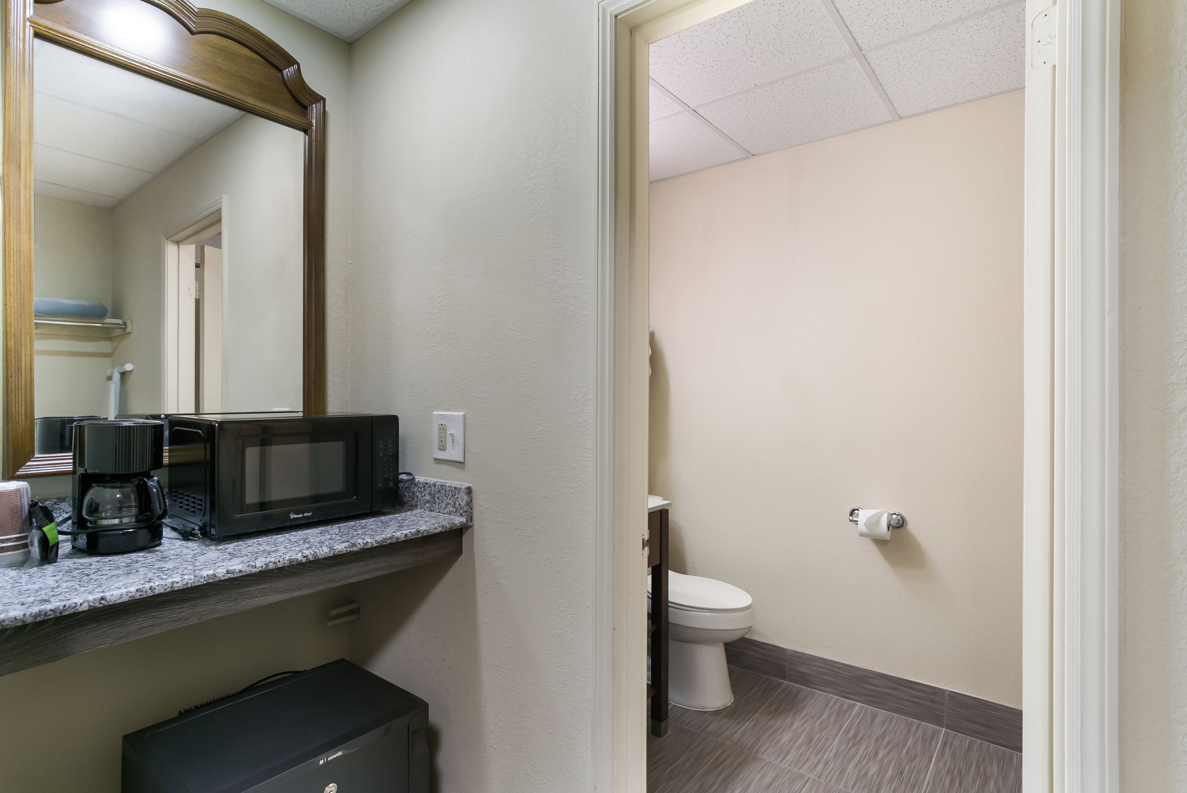 Een kleine badkamer met toilet, wastafel, spiegel en een magnetron op het aanrecht.