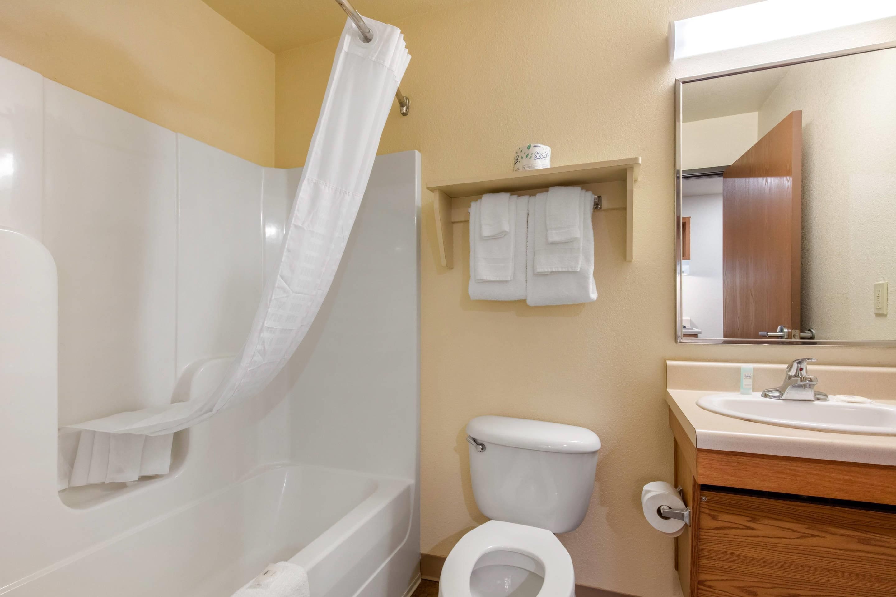 Une salle de bain avec une baignoire, des toilettes, un lavabo et un miroir.