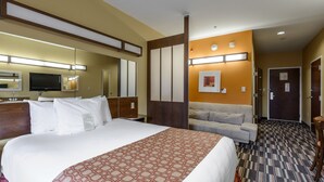 Habitación de hotel con una cama grande, un sofá, una televisión y un espejo.