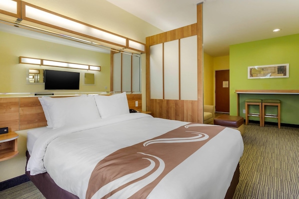1 Queen Bed, Non Smoking, Efficiency Suite | Desk, laptop workspace, blackout drapes, iron/ironing board