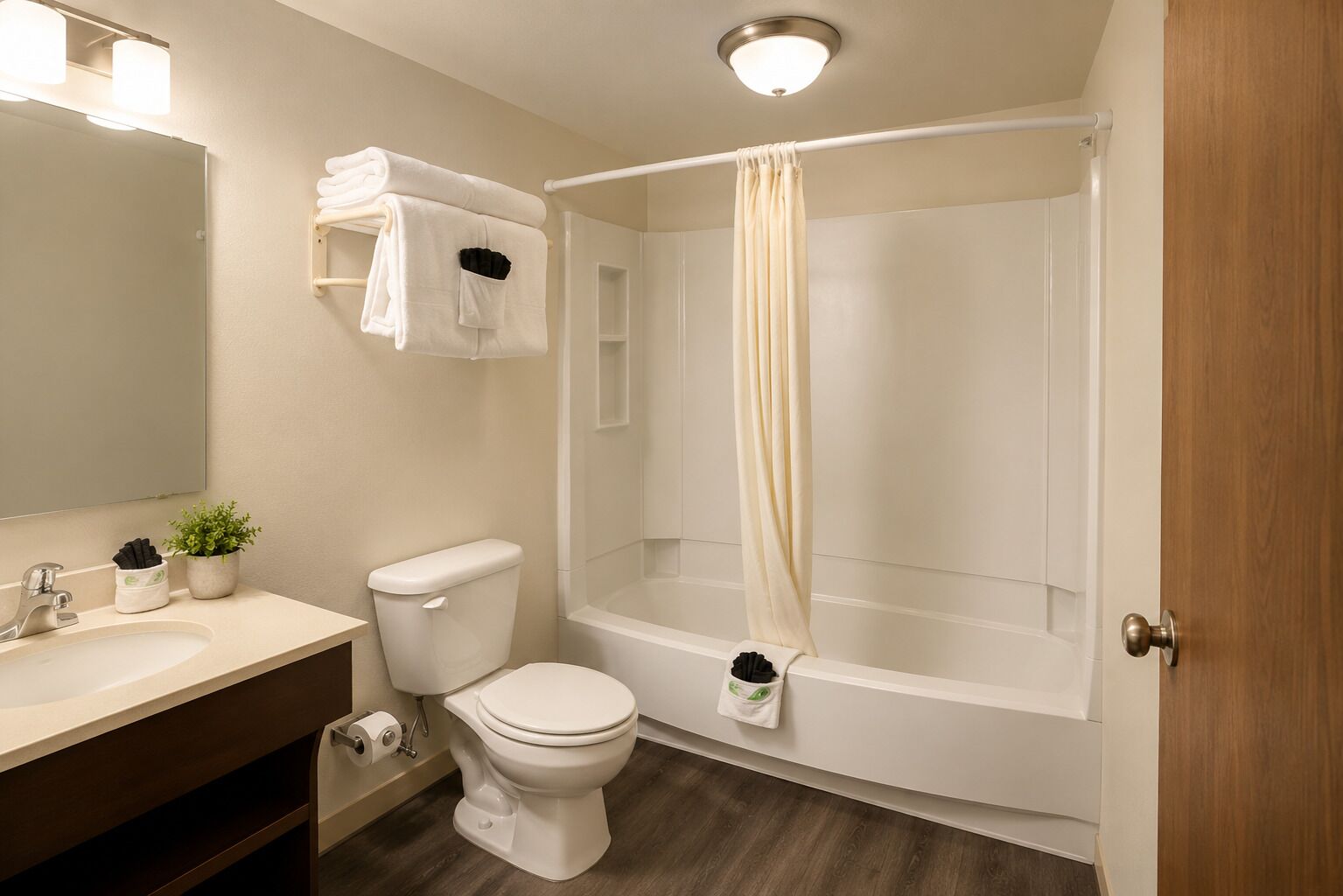 A bathroom with a toilet, sink, mirror, and shower curtain.