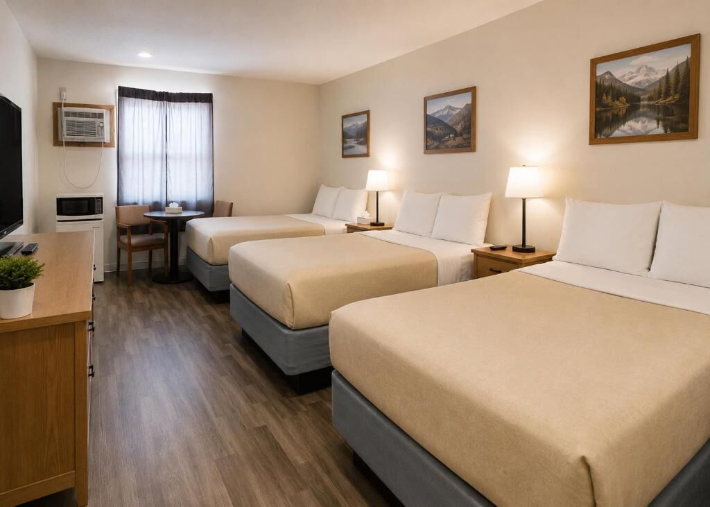 Huone (3 Queen Beds) | Tallelokero huoneessa, silitysrauta/-lauta, ilmainen Wi-Fi
