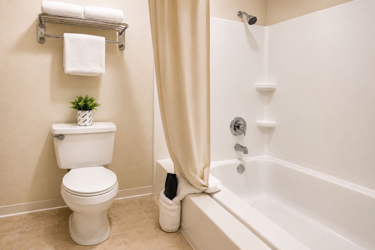 A bathroom with a toilet, a shower, and a bathtub.