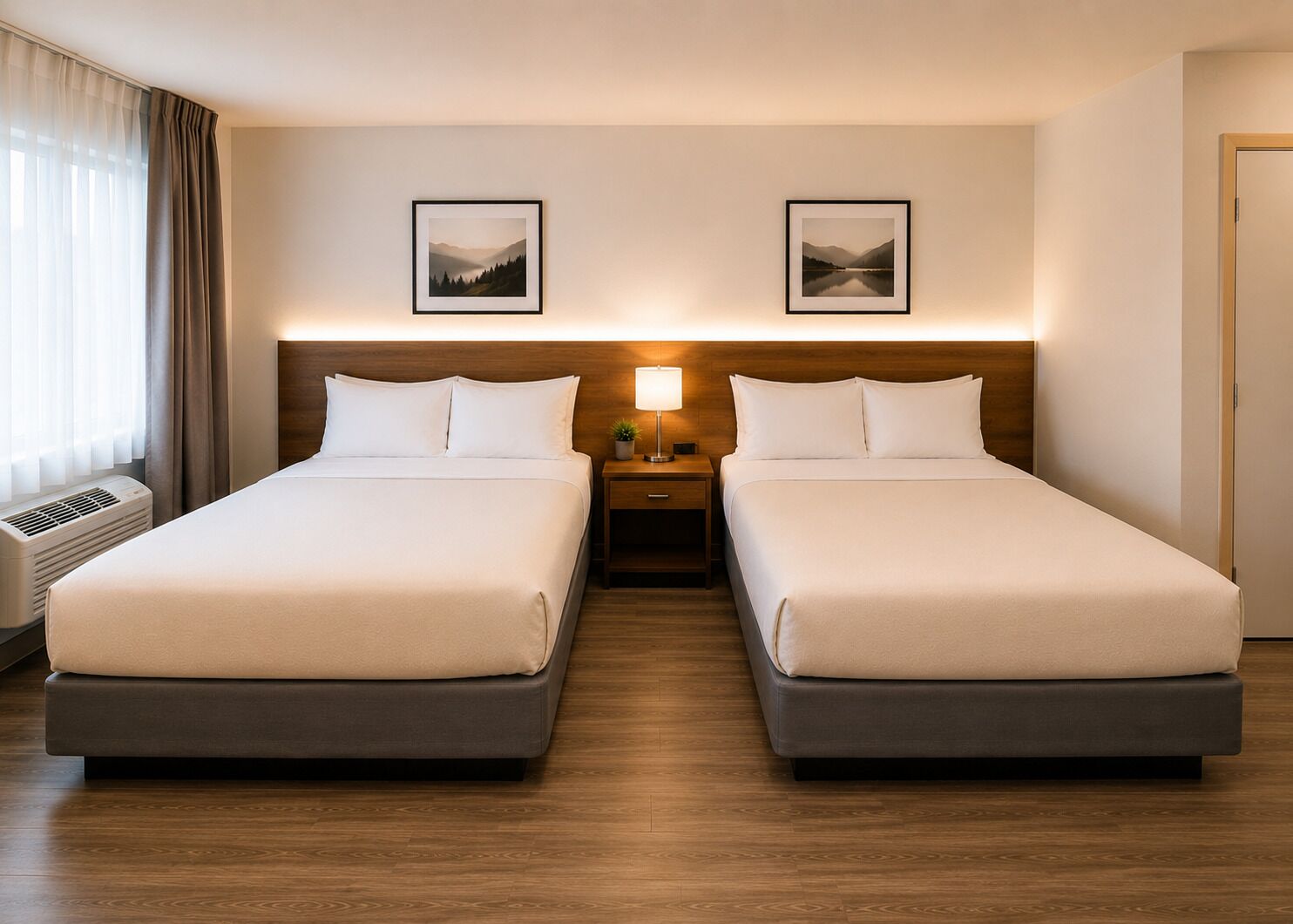 A double room with two beds, a bedside table with a lamp, and a picture on the wall.