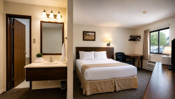 A hotel room with a bed, a desk, a chair, a desk lamp, a TV, a window, and a bathroom with a sink and mirror.