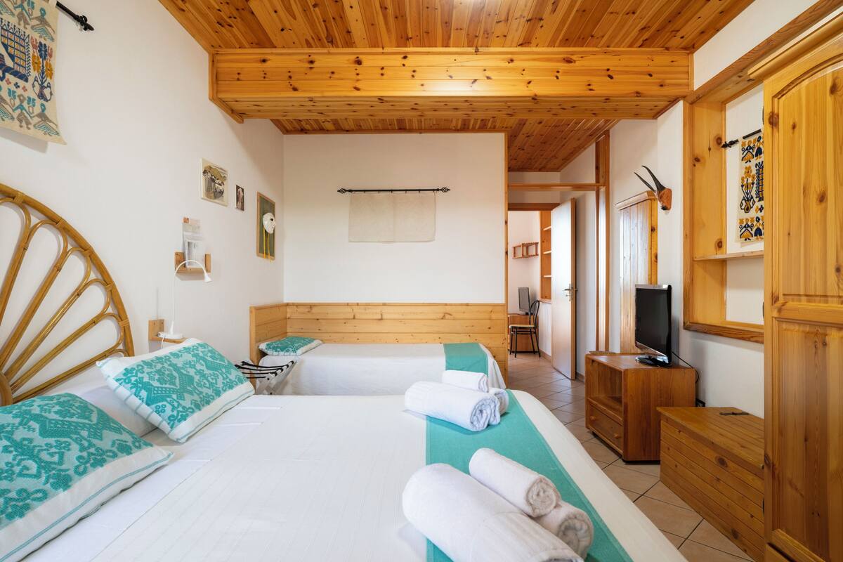A hotel room with two beds, wooden ceiling, a television, and a wooden cabinet.