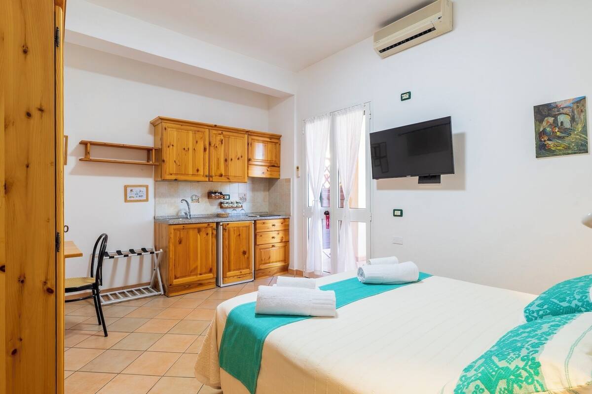 A bedroom with a bed, a TV, and a kitchen area with wooden cabinets and a sink.