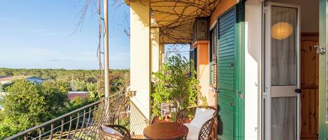 A balcony with a table and chairs, a view of the surrounding area, and a door with a green shutter.