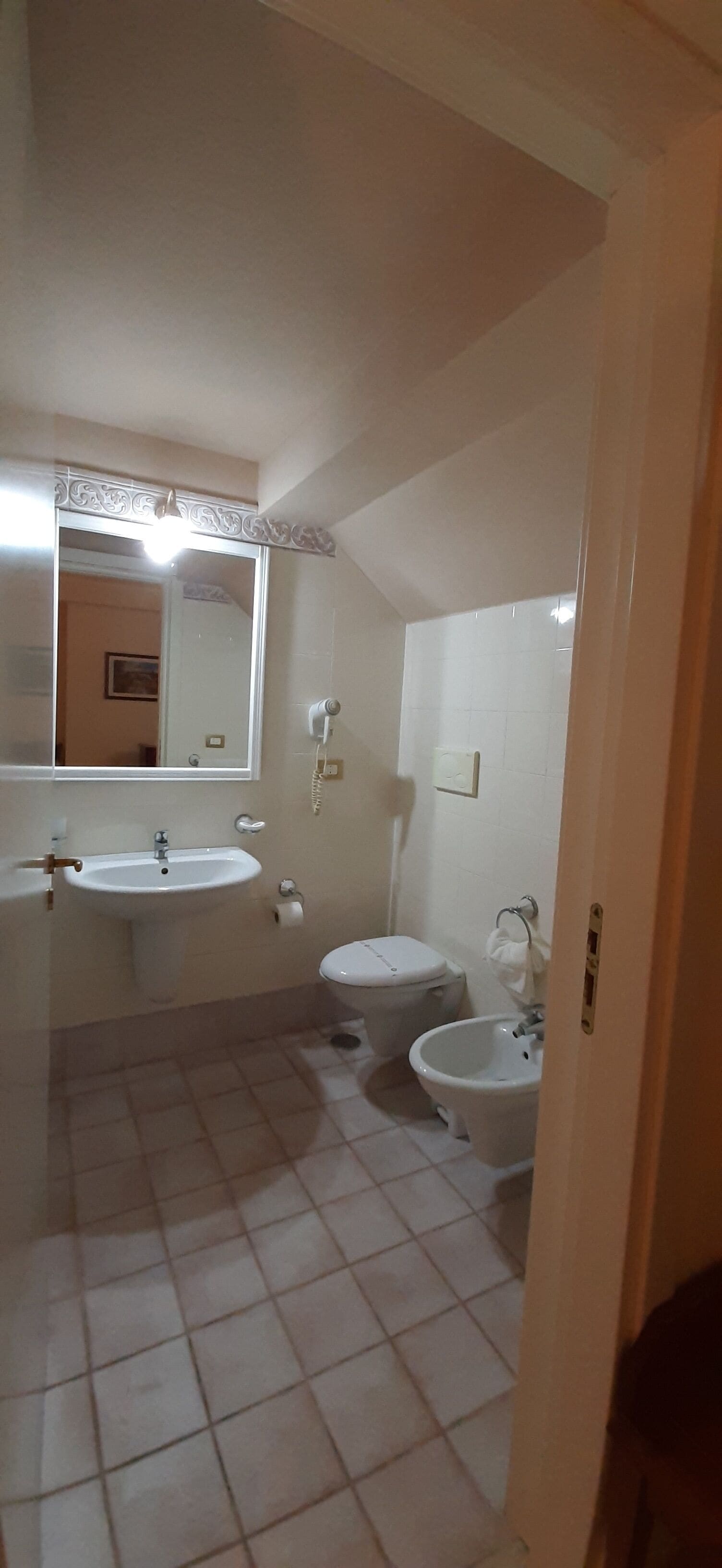 designer toiletries, hair dryer, bidet, towels