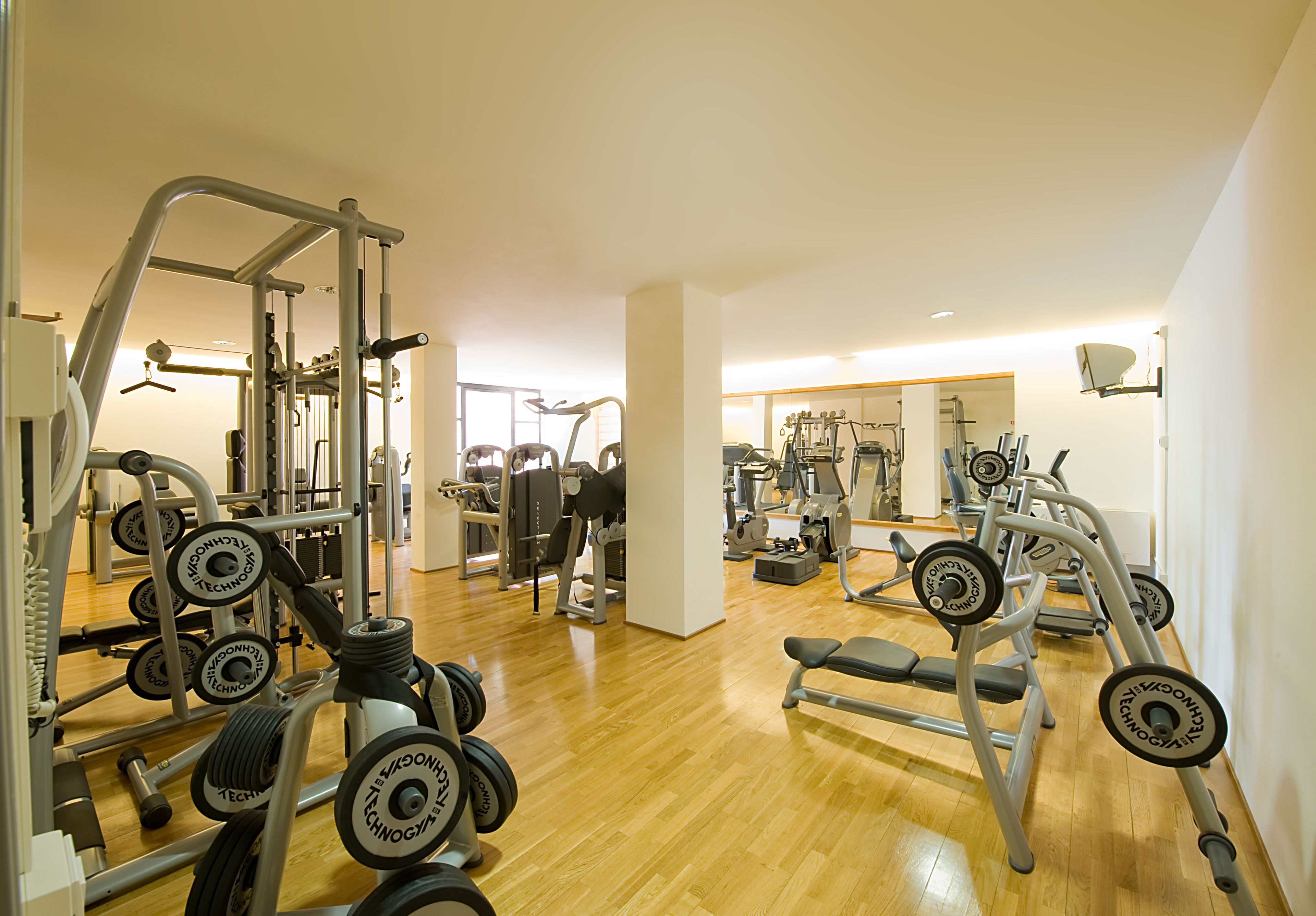 Ein Fitnessstudio mit verschiedenen Trainingsgeräten, darunter Kraftgeräte und Kurzhanteln.