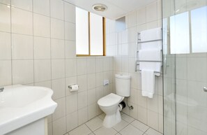 A modern bathroom with a white sink, toilet, and glass shower enclosure.