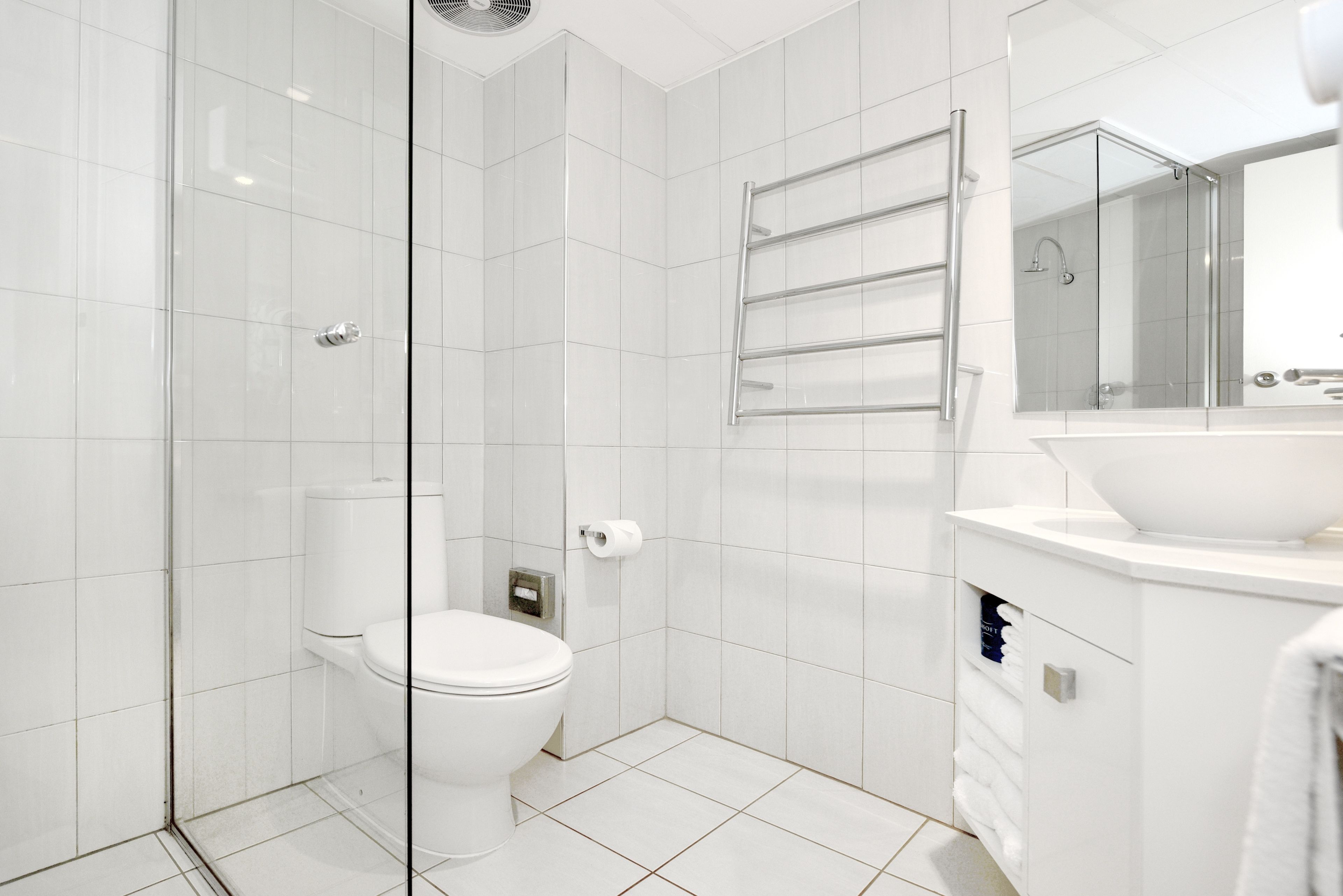 A modern bathroom with a glass shower enclosure, a toilet, a towel rack, and a sink with a mirror.