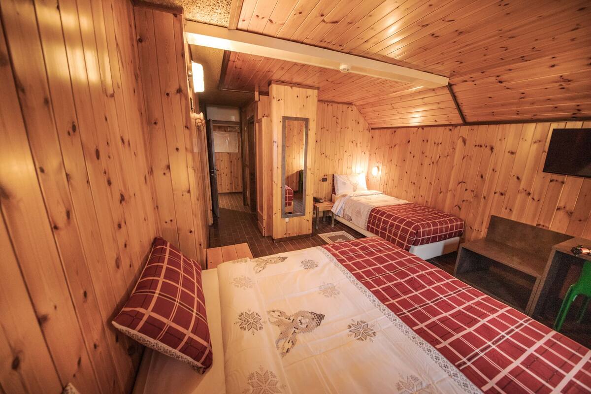 Eine Holzhütte mit zwei Betten, einem kleinen Tisch und einem grünen Stuhl.