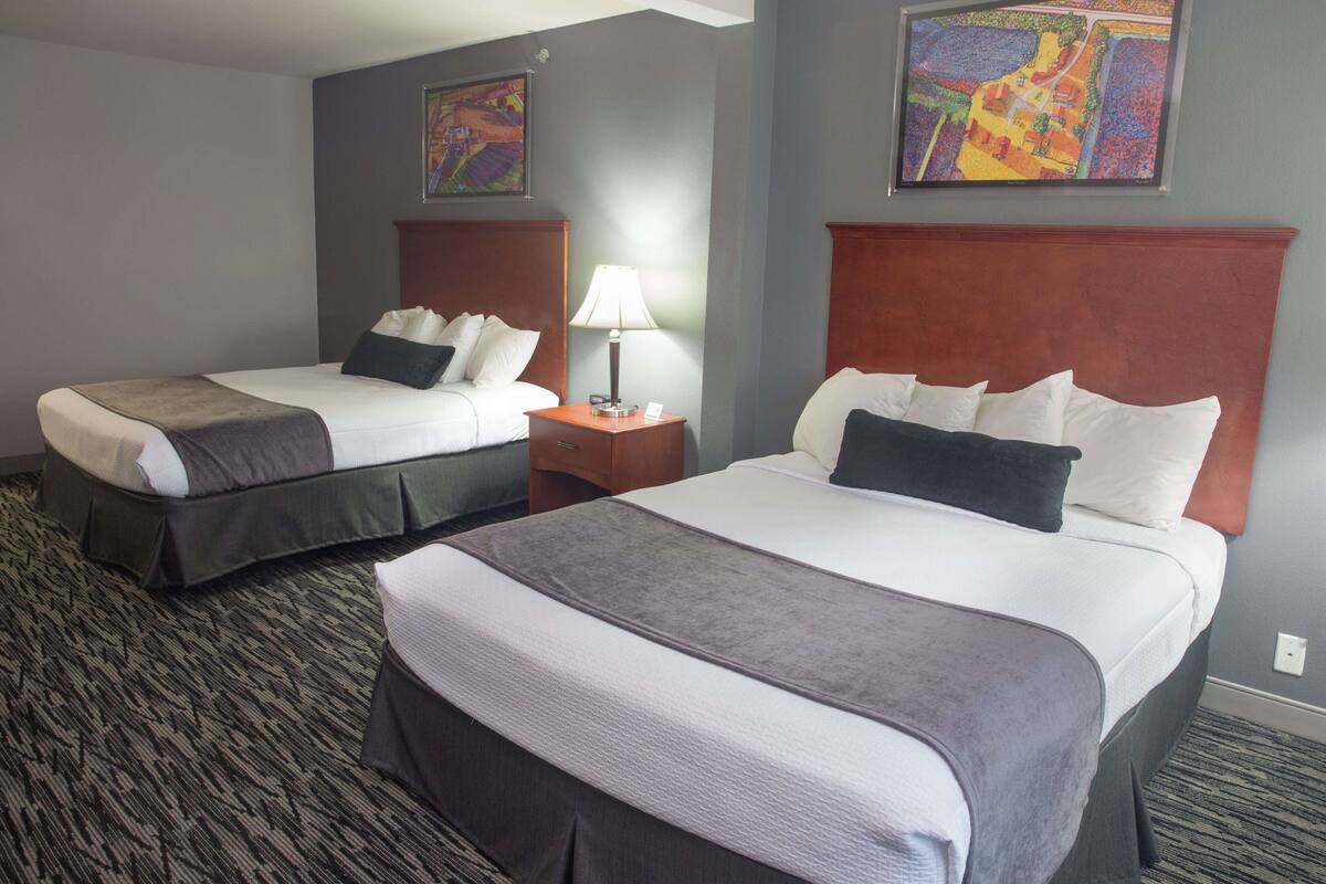 Two beds with headboards, a nightstand with a lamp, and two paintings on the wall.