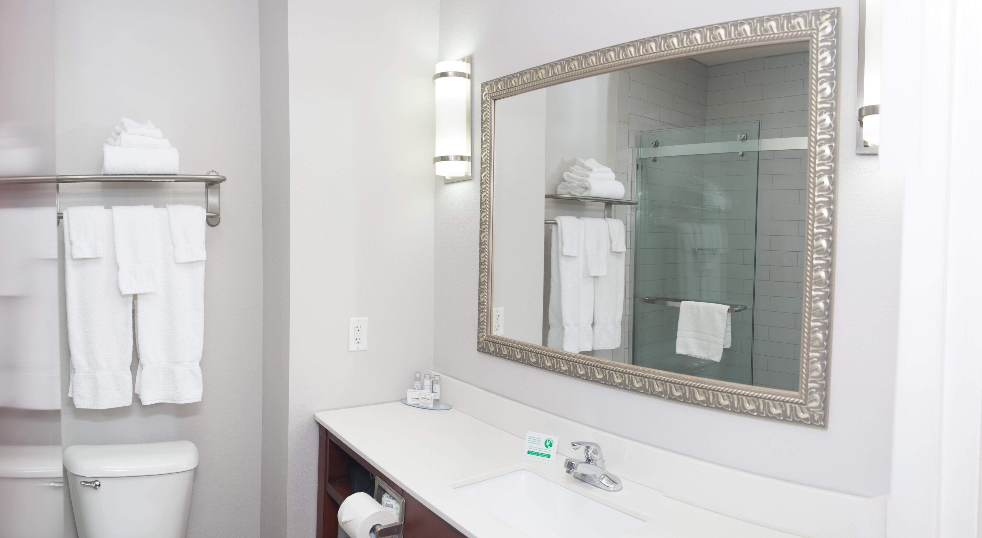 A bathroom with a toilet, a sink with a mirror, and a glass shower enclosure.