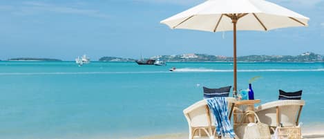 Private beach, white sand, sun-loungers, beach umbrellas