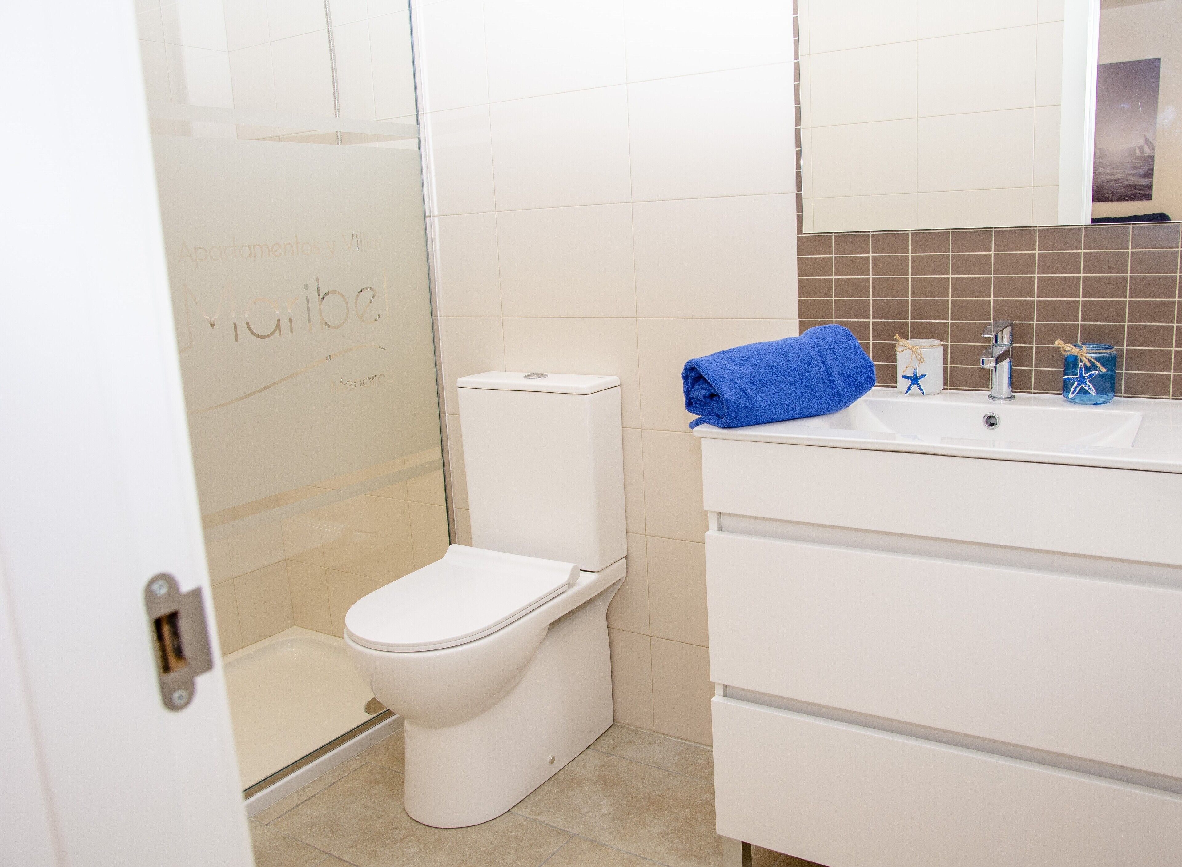 A bathroom with a white toilet, a glass shower enclosure, a sink with a blue towel, and a mirror above the sink.