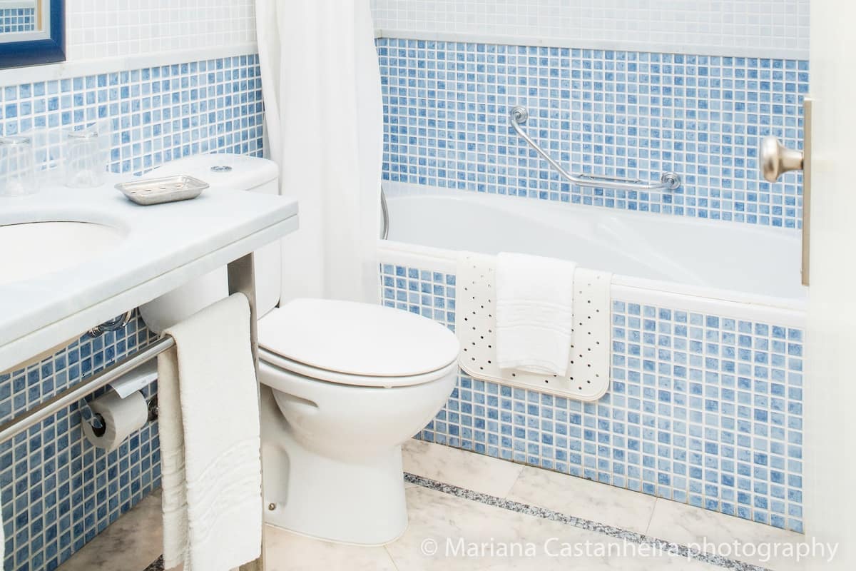 Combined shower/tub, free toiletries, hair dryer, bidet