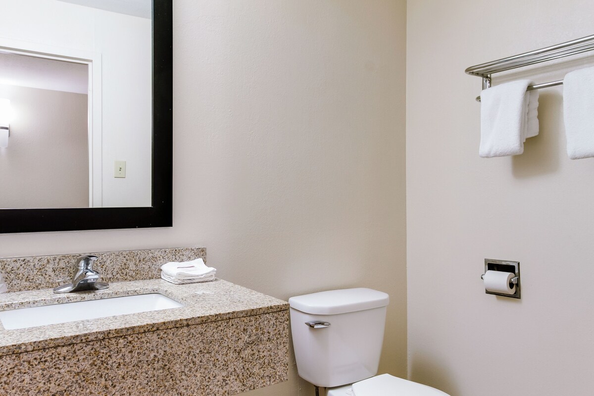 A bathroom with a granite countertop sink, a toilet, a towel rack, and a mirror.