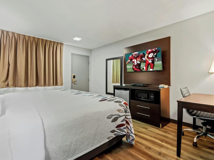 A hotel room with a bed, a desk, a television, and a wardrobe.