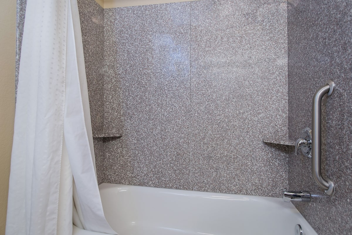 combined shower/bathtub, free toiletries, hair dryer, towels