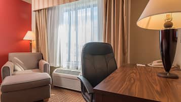 Desk, blackout drapes, iron/ironing board, free cribs/infant beds