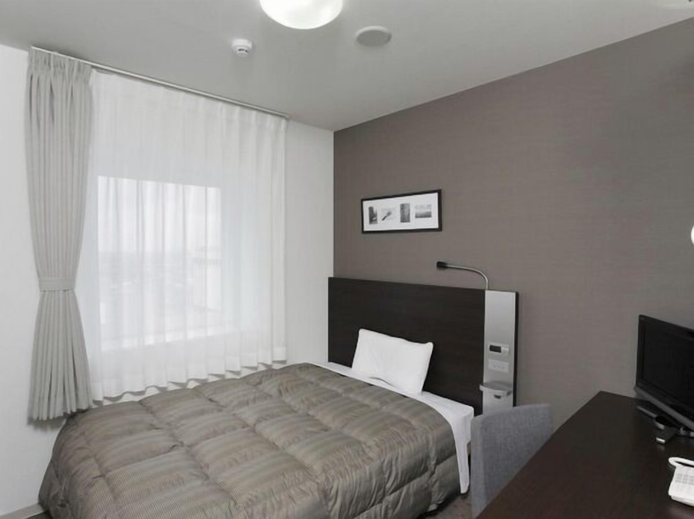 Habitació d'hotel moderna amb un llit, una televisió, un escriptori i un quadre a la paret.