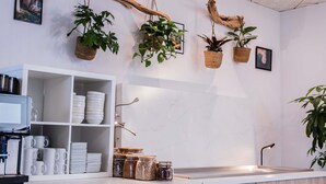 Una cocina moderna con armarios blancos, una cafetera y plantas colgantes.