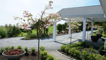 A covered outdoor area with a gravel driveway, a white pergola, and a garden with flowering plants.