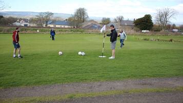 A grassy field with a flagstick, a golf ball, and a person in a blue jacket.