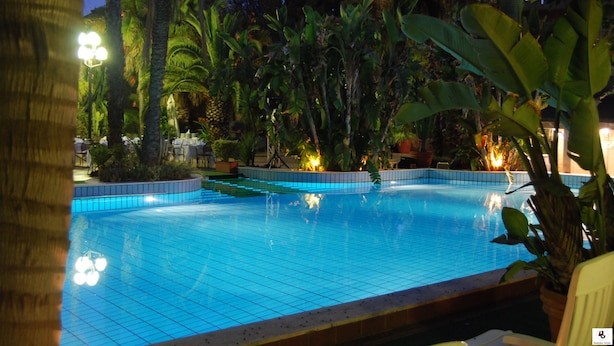 A swimming pool surrounded by tropical plants and palm trees, with a tiled edge and a small waterfall feature. - Garden Hotel (San Giovanni la Punta)